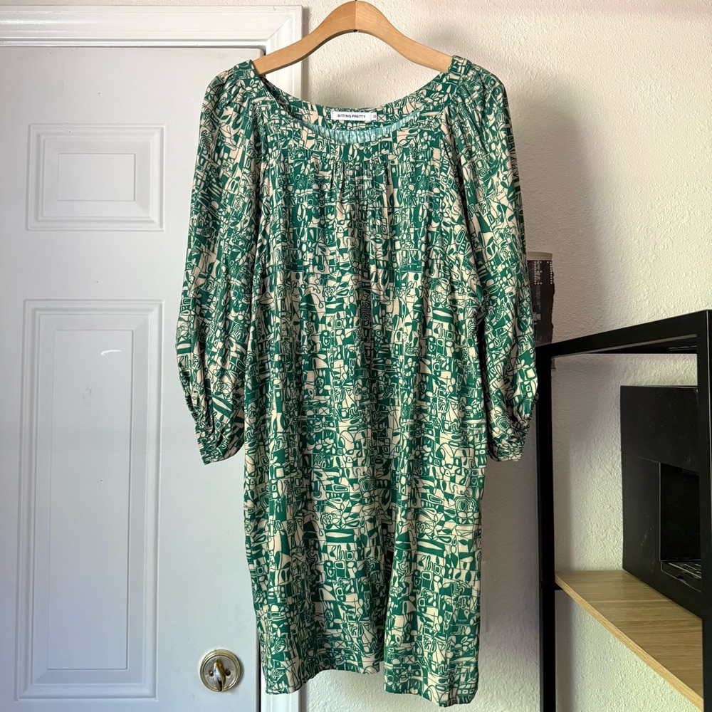 SITTING PRETTY green tan abstract print knit off shoulder long puff sleeve mini